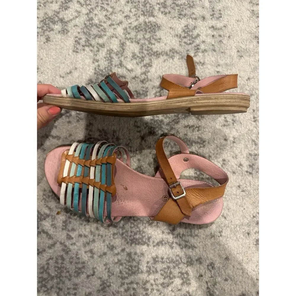 Eric michael Leather Woven Sandles Brown White Aqua And Pink Size 41